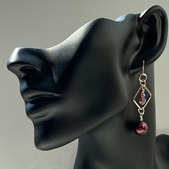 Austrian Crystals & Pearls on Rhodium Plated Squares with Fisherman Hook Earring - Picture 2 of 4